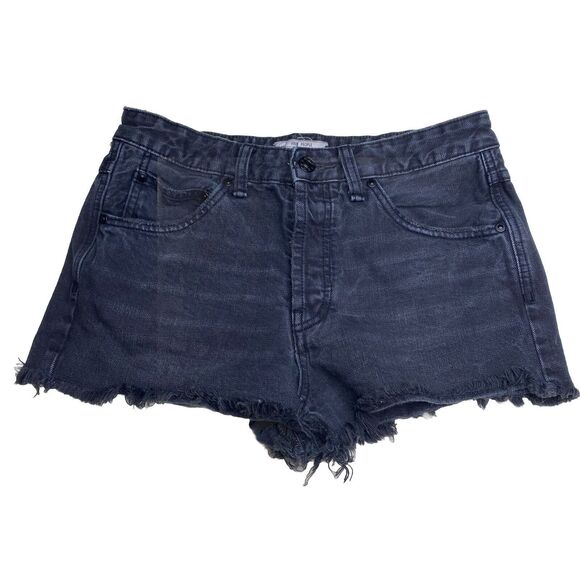 Free People Black Button Fly Jeans Buckle Back Fray High Rise Shorts Women Sz 27 - Picture 1 of 5
